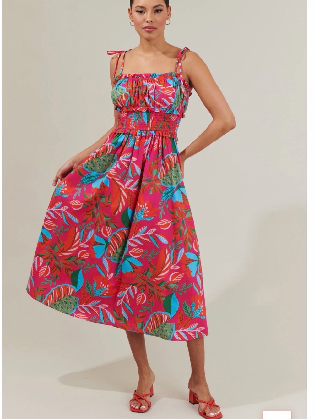 Sugarlips Fuchsia Tropical-Print Tie-Strap Midi Dress XL